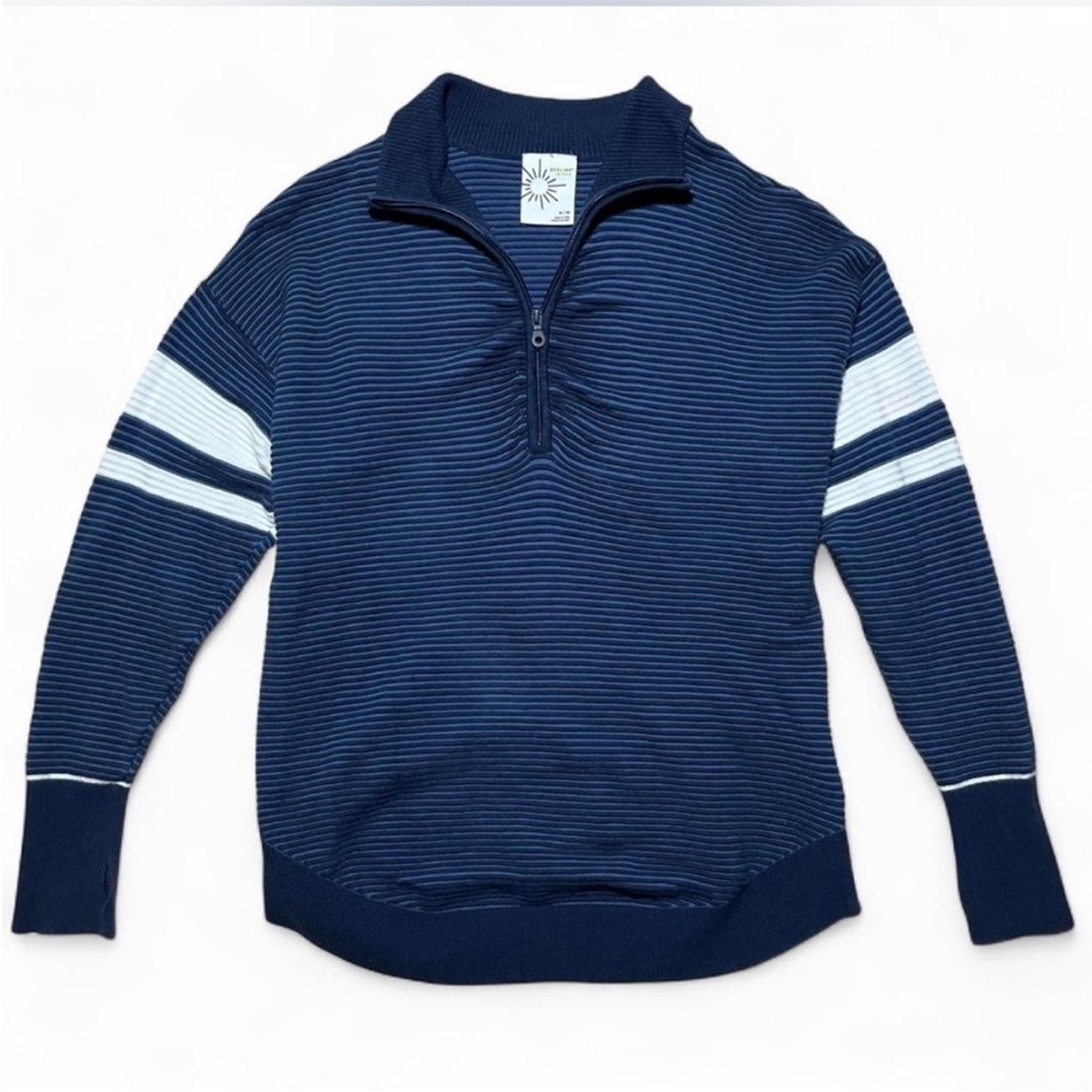 AERIE offline blue ribbed 1/4 zip pullover sweater white sleeve stripes medium